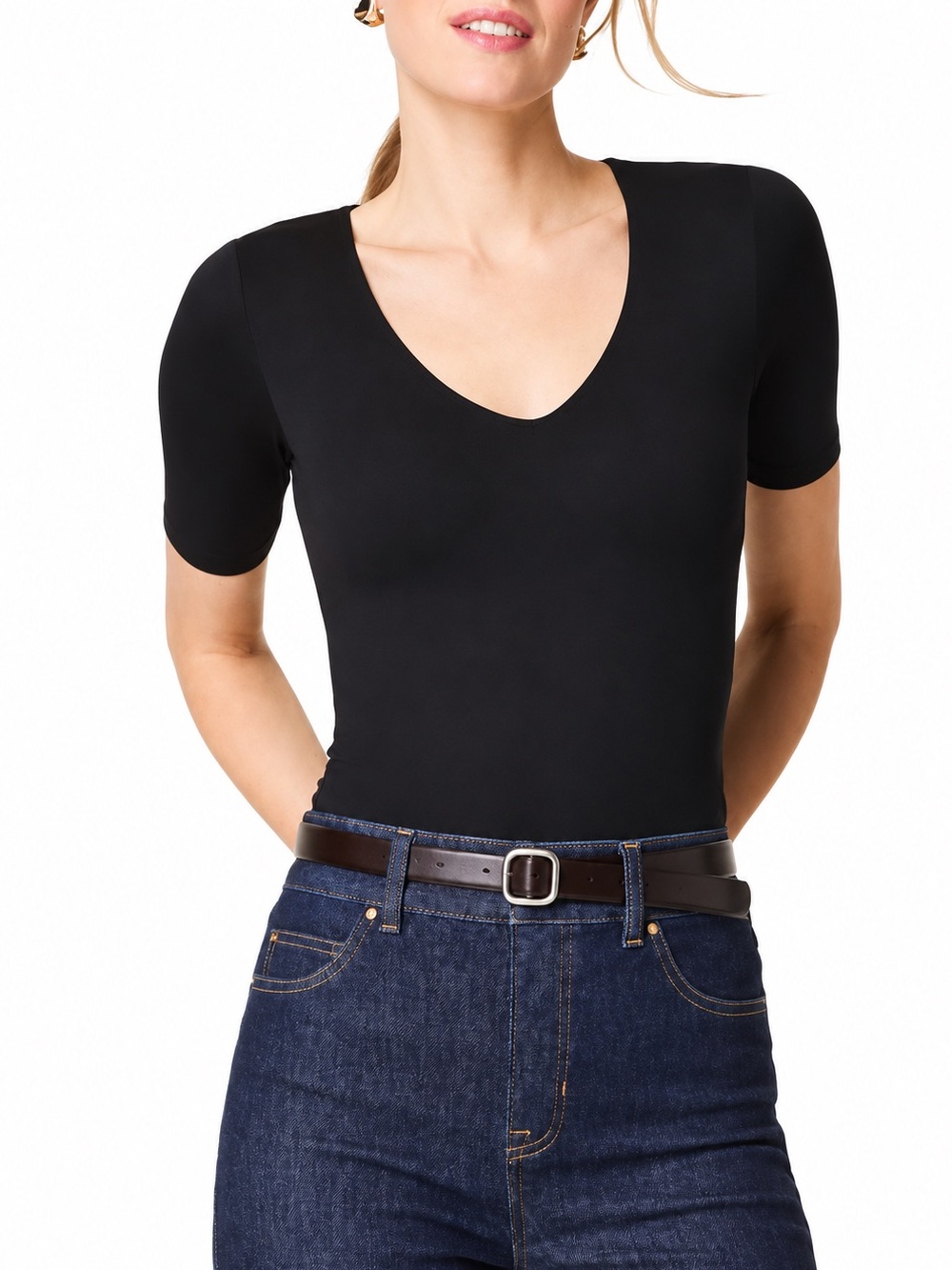 SPANX Black V-Neck Short Sleeve Shaping Top Women’s Size Small